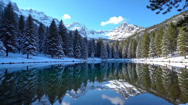 Snow-covered mountains and pine trees reflected in a calm lake during winter