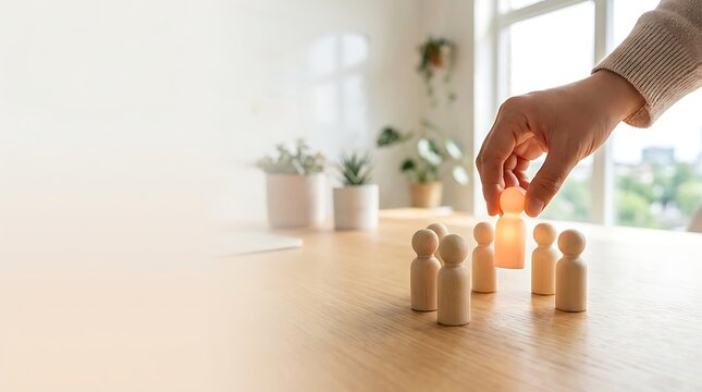 Hand selecting glowing figure from group of wooden pegs