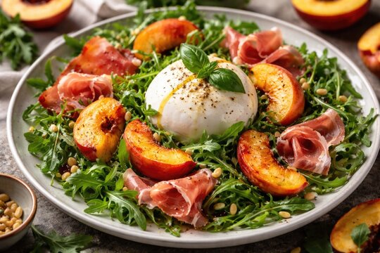 Healthy summer salad plate with juicy peaches burrata arugula and jamon