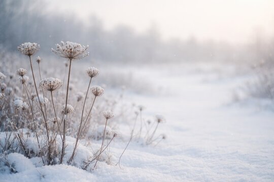 Snow covered earth with dried Queen Ann Lace stalks and copy space for text