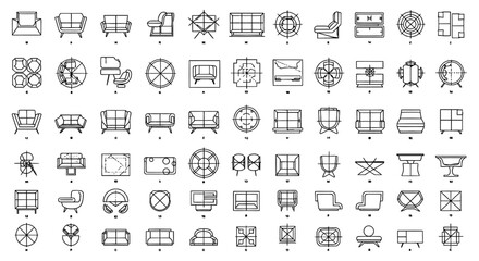 Obraz premium collection of minimalist line art furniture icons and architectural symbols for interior design planning layouts.
