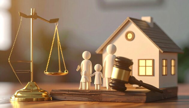 Wooden house model with red roof on gray cracked surface, four wooden figurines representing family members, golden balance scale, and judge&rsquo;s gavel on wooden base
