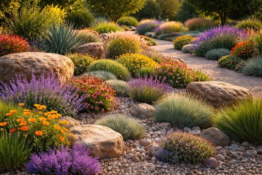 Flourishing xeriscape garden combining multicolored flowers and textured ornamental rocks