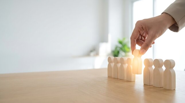 Hand selecting a glowing wooden figure from a line of people