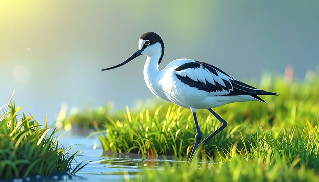 A pied avocet bird with distinctive black and white plumage walks through shallow water with lush green grass in a soft, sunlit wetland environment