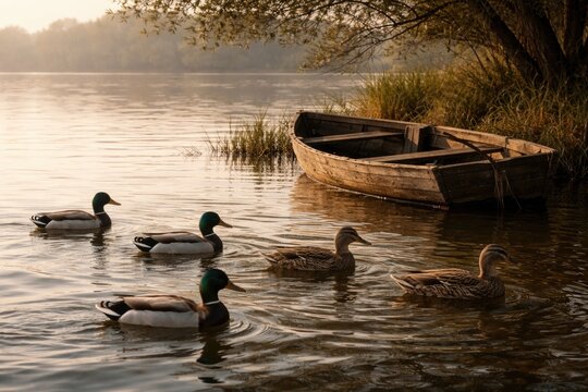 Relaxed ducks paddling on quiet water with soft wavelets and abandoned boat