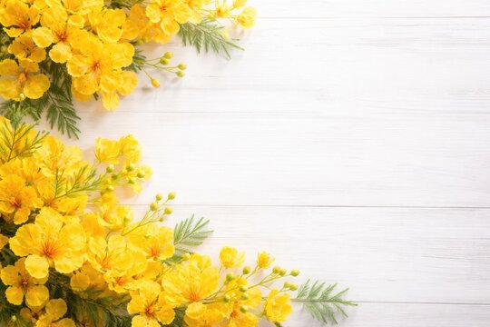 Vibrant yellow flamboyant blossoms set against a white wooden surface with generous copy space for Easter and spring concepts