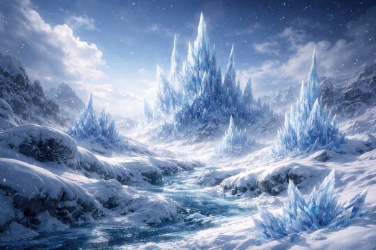 Icy realm with snowdrifts and frozen crystal structures