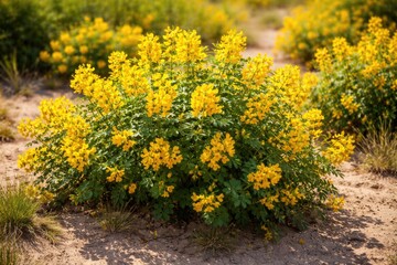 Obraz premium Bushes of blooming Senna with vivid yellow flowers on sandy earth