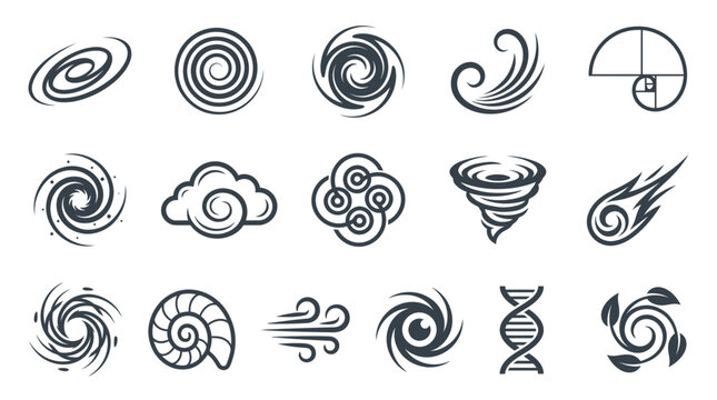 minimalist black spiral icon set representing natural phenomena like galaxies weather systems and biological patterns, provides versatile design elements for branding and educational projects