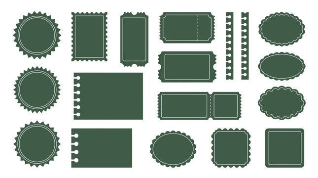 Collection of dark green vintage postage stamps, ticket stubs, scalloped labels and serrated paper edges on white background, illustrating retro graphic design, representing branding identity