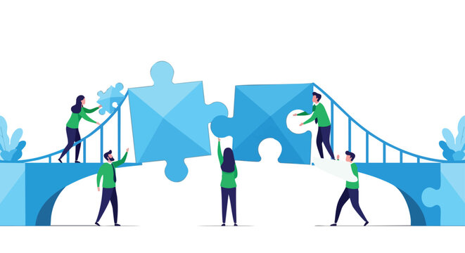 Strategic cross-functional team building a bridge with puzzle pieces representing seamless business integration and collaborative B2B solution architecture