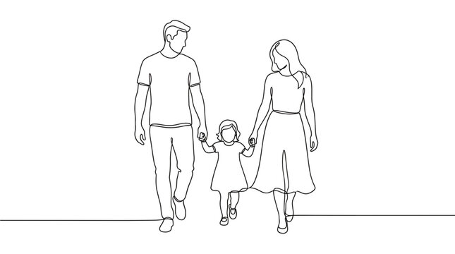 Continuous one line drawing of a happy young family with father mother and daughter walking together holding hands on white background, symbolizing family unity and parenting concepts