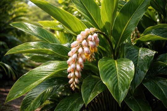 Exotic Alpinia zerumbet herbaceous plant with green leaves
