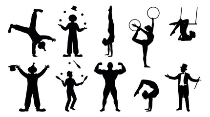 Fototapeta premium Collection of circus performers silhouettes featuring clowns jugglers acrobats and strongman on white background, illustrating carnival event promotion and provides show poster assets