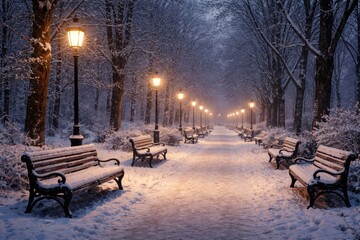 Naklejka premium Chilly season scene with park benches aligned along a lamp lit pathway