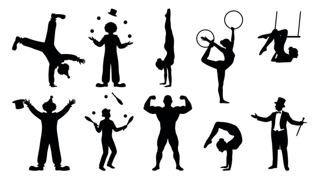 Collection of circus performers silhouettes featuring clowns jugglers acrobats and strongman on white background, illustrating carnival event promotion and provides show poster assets