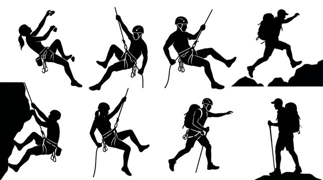 Silhouette set of mountaineers rock climbing rappelling and hiking with gear on white background, representing outdoor adventure and symbolizing extreme sports endurance