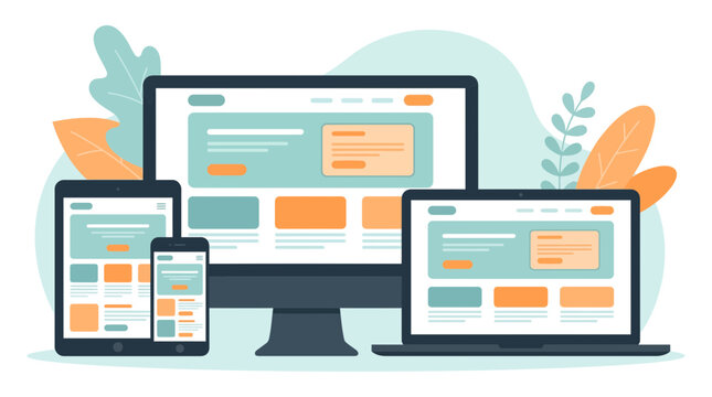 Flat vector illustration of responsive website interface on monitor laptop tablet and smartphone with leaves, illustrating cross platform design and representing professional user experience