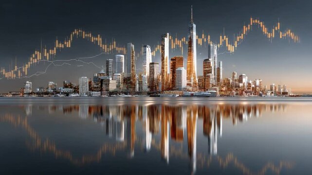 Financial Skyline Reflection: A modern cityscape, reflecting in the calm waters below, showcases a vibrant financial district, interwoven with the dynamic lines of a stock market graph.
