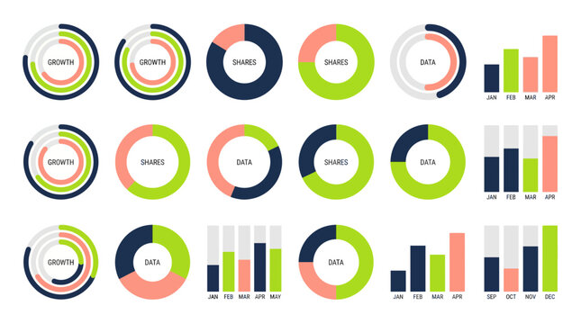 Collection of colorful infographic elements featuring donut charts and bar graphs for data visualization, provides visual assets for business reports and illustrating financial statistics