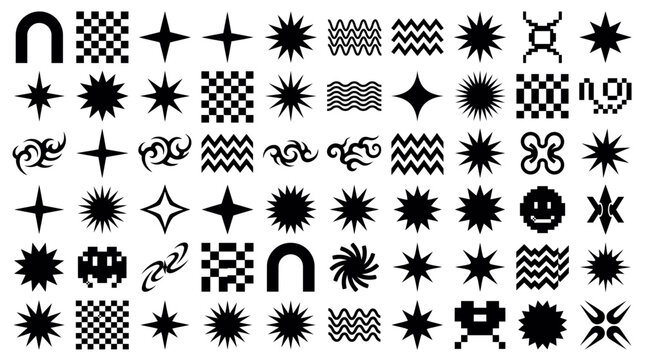 Set of black abstract y2k vector shapes including stars sparkles waves and pixel icons on white background, providing graphic assets for branding, illustrating trendy brutalist art style