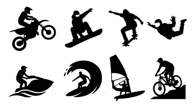 Black silhouettes collection of various extreme sports including motocross snowboarding skateboarding skydiving and surfing, representing active lifestyle, symbolizing outdoor adventure