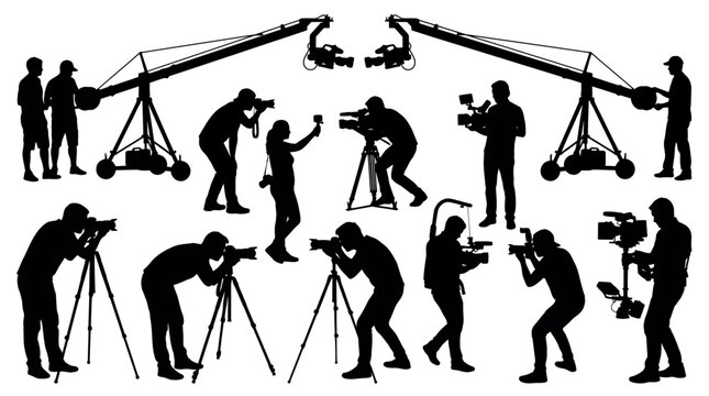 Black silhouettes of professional videographers and camera operators with movie equipment including cranes and tripods, illustrating media production workflow and representing film industry services