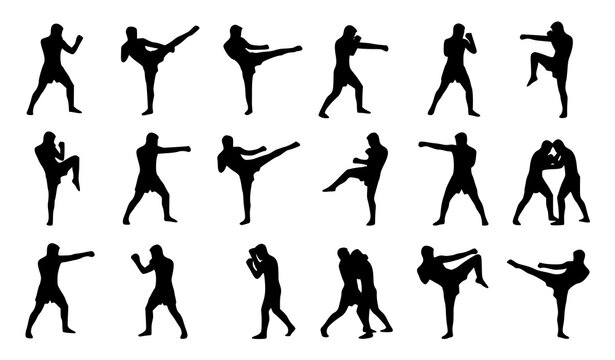 Muay Thai and kickboxing silhouette vector set with fighters in dynamic combat poses isolated on white