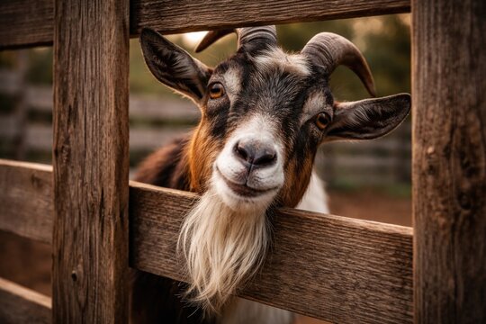 Playful billy goat sporting white beard looking through fence slats