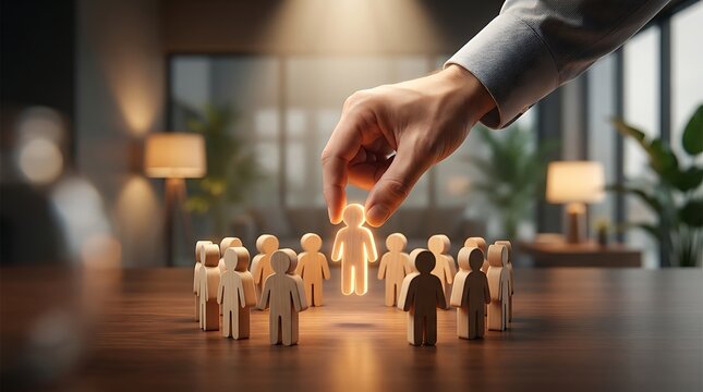Hand selects glowing wooden figure from circle of people