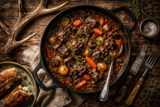Wild game venison stew displayed on natural wood table alongside antlers and eating utensils top down