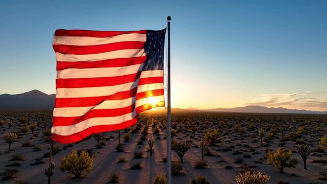 American Flag Waving in Desert Sunset Landscape