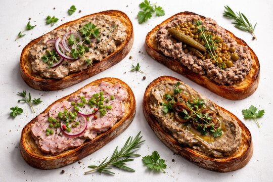 Toasted bread topped with assorted meat pates and fresh herbs displayed on a white backdrop