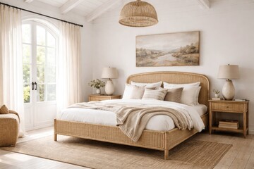 Fototapeta premium White Scandinavian backdrop showcasing farmhouse bedroom with woven rattan bed frame