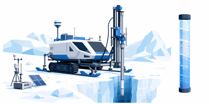 A futuristic ice drilling machine operates in a snowy landscape with mountains and a cylindrical object nearby image-023.ai
