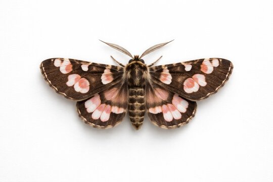 Peach blossom marked Thyatira batis resting on minimalistic white background