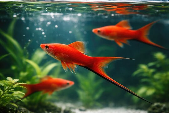 Swimming red swordtail pets displaying elegant movements in a clear tank