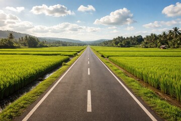 Naklejka premium Lush green rice fields flanking a straight roadway in a peaceful countryside scene with a clear sky and scattered clouds