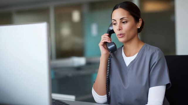 Professional clinic office assistant, phone call, computer monitor, modern healthcare, patient support, medical receptionist, hospital receptionist, healthcare