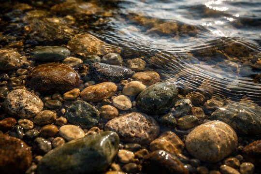 Close perspective of lakebed stones disturbed by gentle water ripples