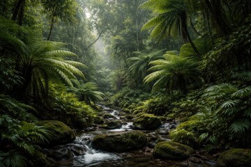 Fototapeta premium Peaceful natural jungle terrain filled with rich green tree ferns and thick foliage