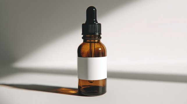 Amber glass dropper bottle with blank label on white studio background