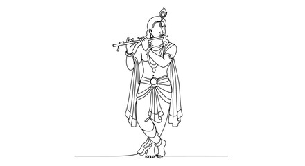Obraz premium Intricate Line Art of Lord Krishna Playing Flute Highlighting Cultural Heritage