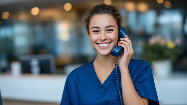 young clinic receptionist in blue scrubs speaking on office phone, healthcare front desk service, medical appointment scheduling, bright reception area, realistic commercial portrat