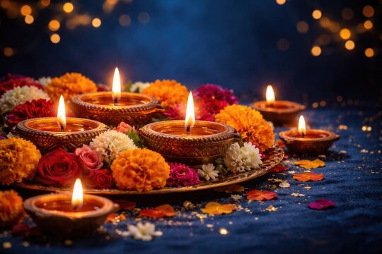 Joyful Diwali festival setup showing illuminated oil lamps and fresh flowers on deep blue backdrop with copy space