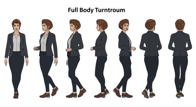 Full Body Turntroum character sheet of a businesswoman, 360 degree rotation of a female professional in suit, character design reference vector