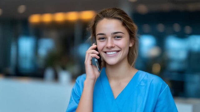 Young female medical receptionist in light blue scrubs at clinic front desk, smiling while answering phone call, modern healthcare reception, realistic clean professional scene med