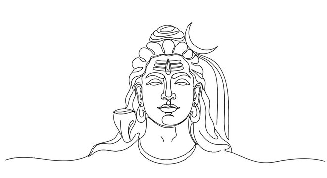 Elegant Line Drawing of a Serene Female Hindu Deity Portrait with Crescent Moon Auric Symbol