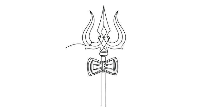 Intricate Line Drawing of a Trishula with a Chanchala Drum and Ornamental Design In Indian Symbolism Art